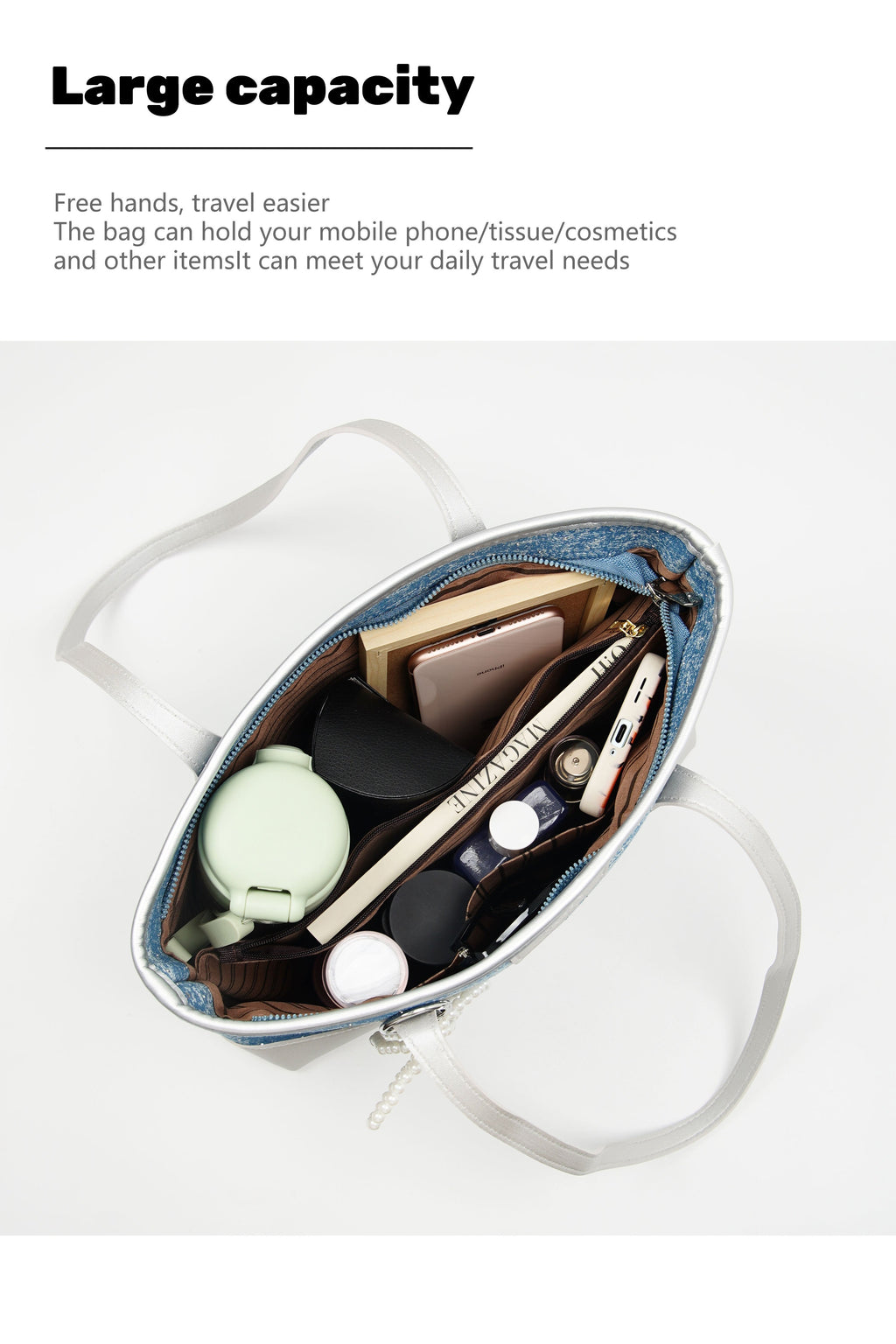 175 - ZYHA Denim Korean Style Tote Bag with Pearl Keychain