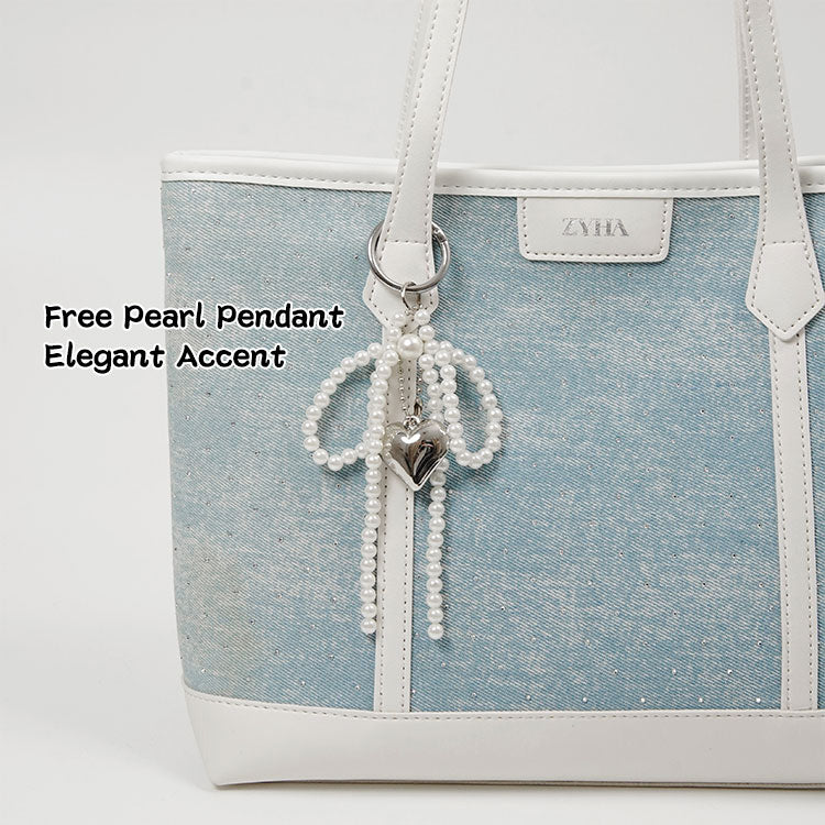175 - ZYHA Denim Korean Style Tote Bag with Pearl Keychain