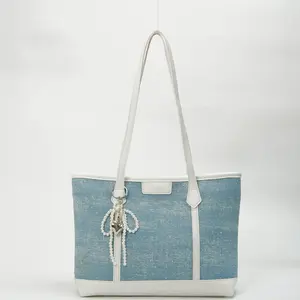 175 - ZYHA Denim Korean Style Tote Bag with Pearl Keychain