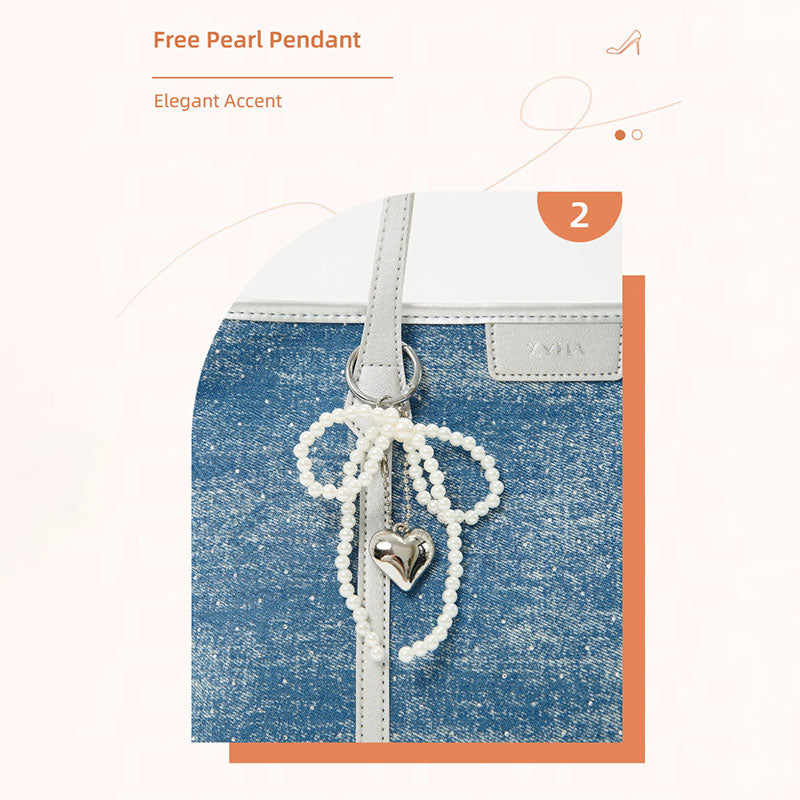 175 - ZYHA Denim Korean Style Tote Bag with Pearl Keychain