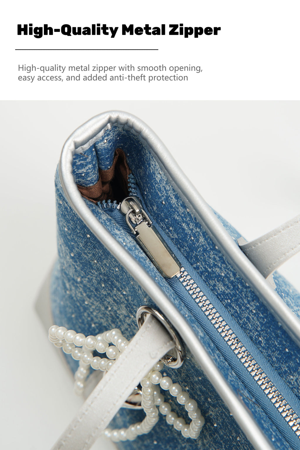 175 - ZYHA Denim Korean Style Tote Bag with Pearl Keychain