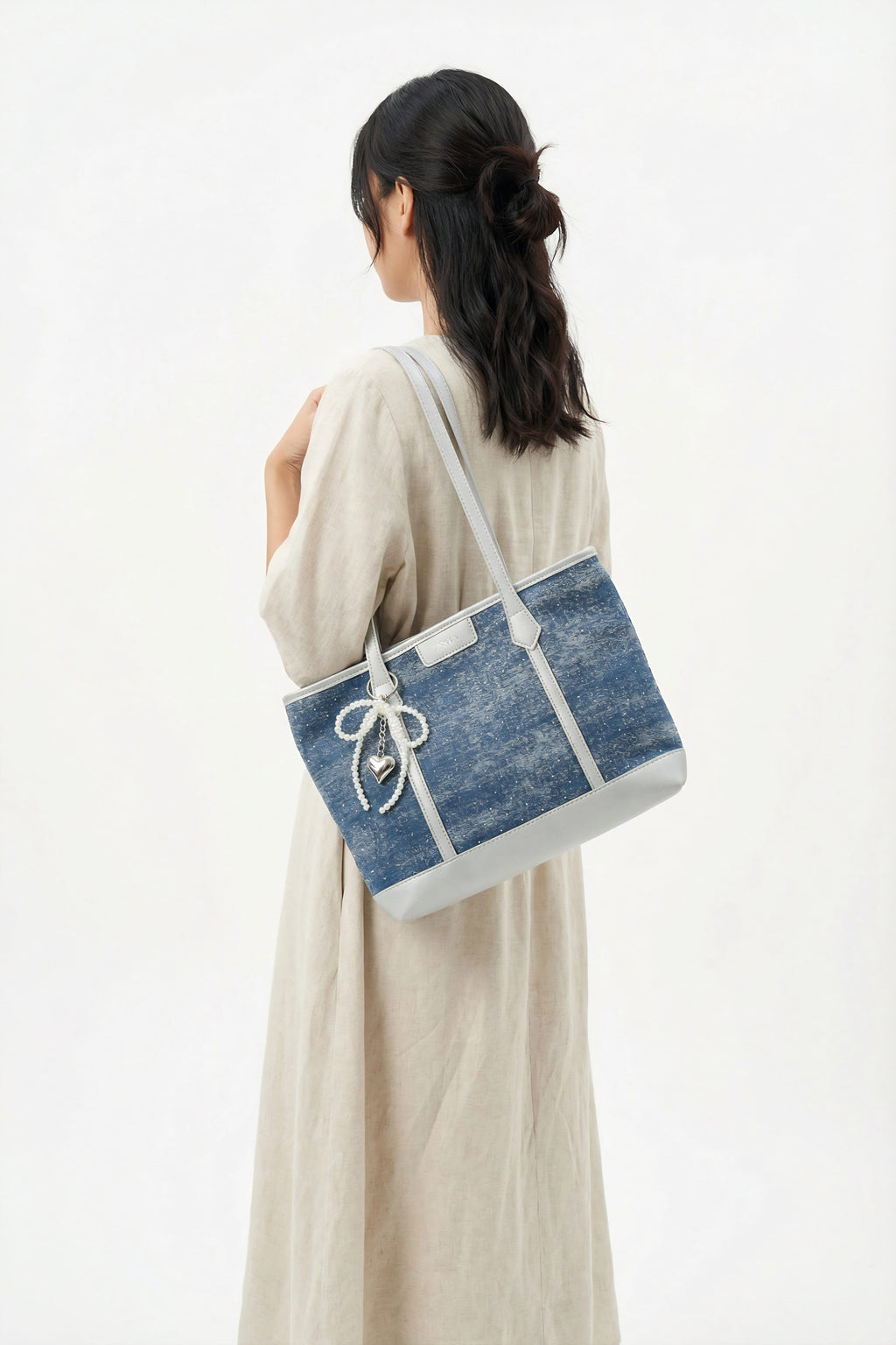 175 - ZYHA Denim Korean Style Tote Bag with Pearl Keychain