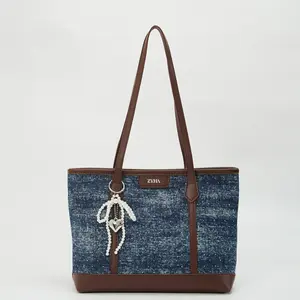 175 - ZYHA Denim Korean Style Tote Bag with Pearl Keychain