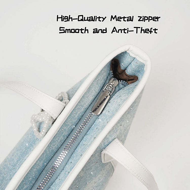175 - ZYHA Denim Korean Style Tote Bag with Pearl Keychain