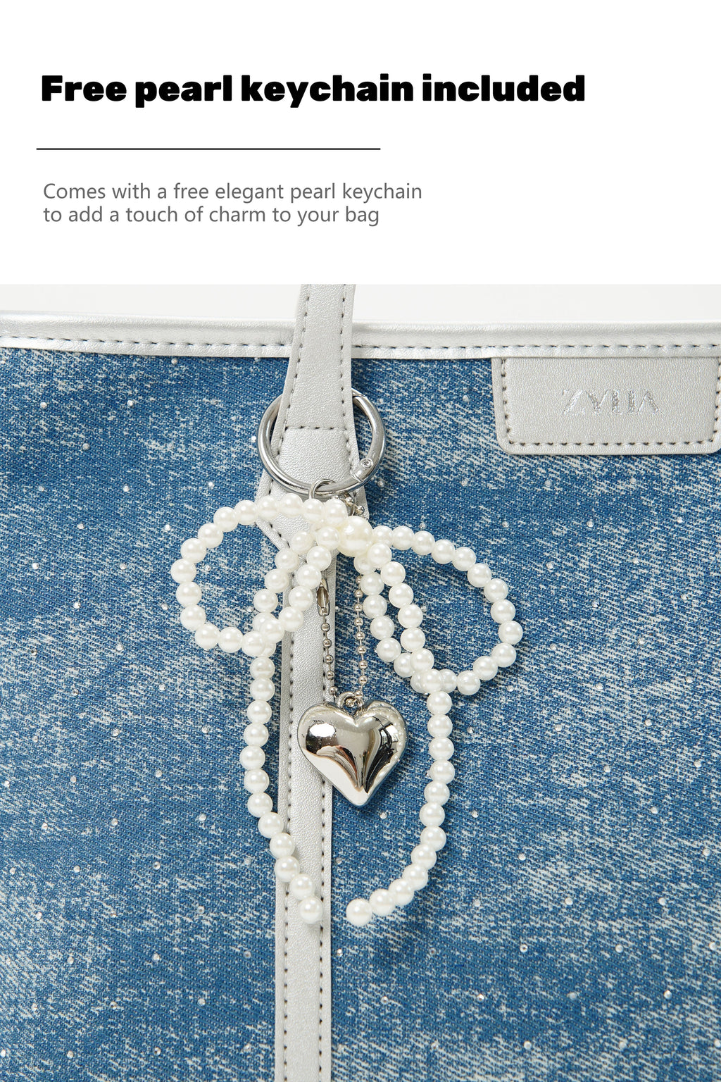 175 - ZYHA Denim Korean Style Tote Bag with Pearl Keychain