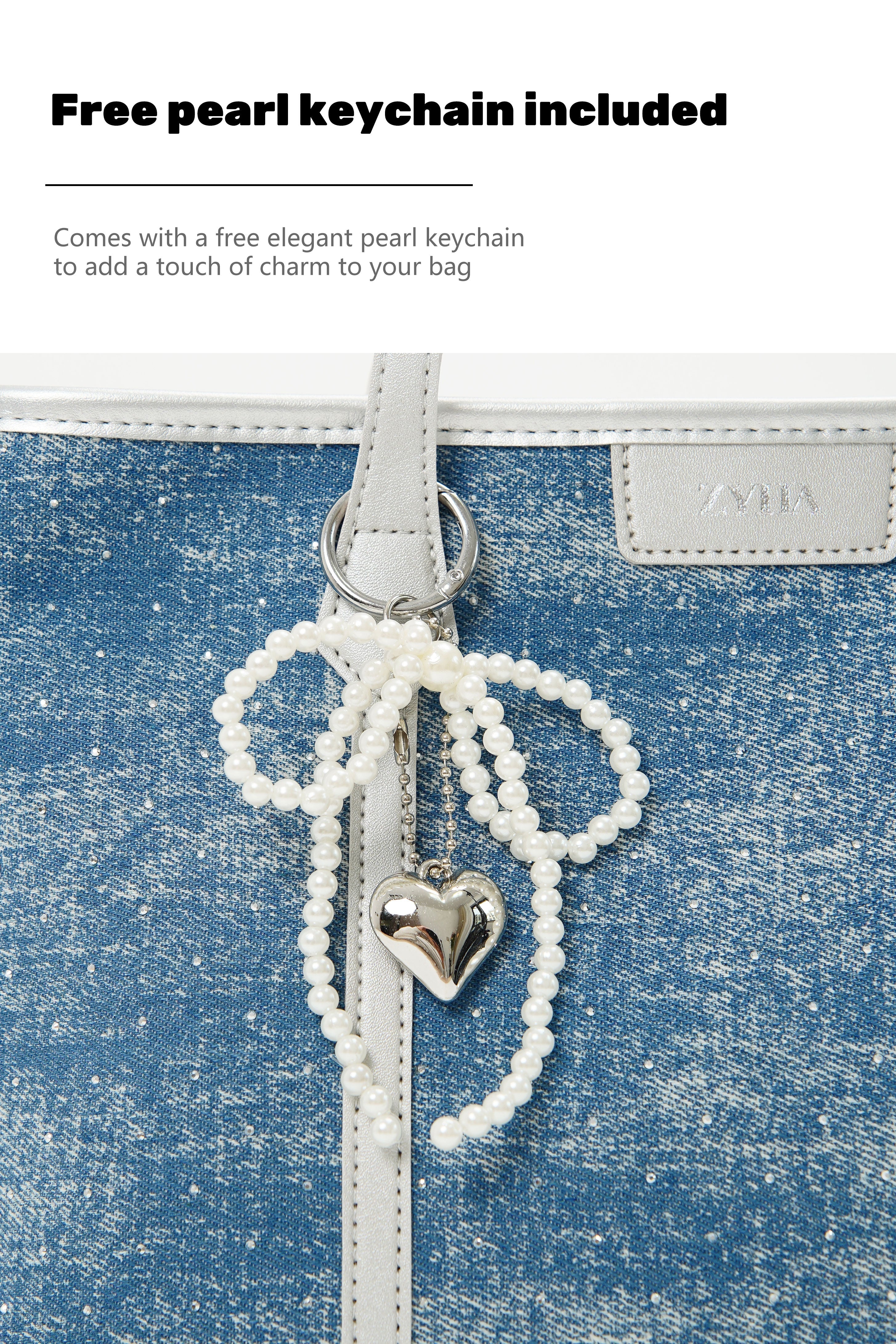 175 - ZYHA Denim Korean Style Tote Bag with Pearl Keychain