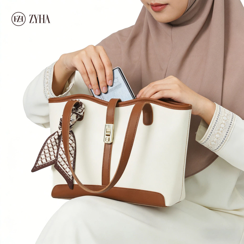 193-(LARA) Totebag Kulit dengan Reben Satin kapasiti besar jenis kulit tahan lasak