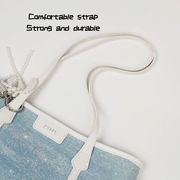 175 - ZYHA Denim Korean Style Tote Bag with Pearl Keychain