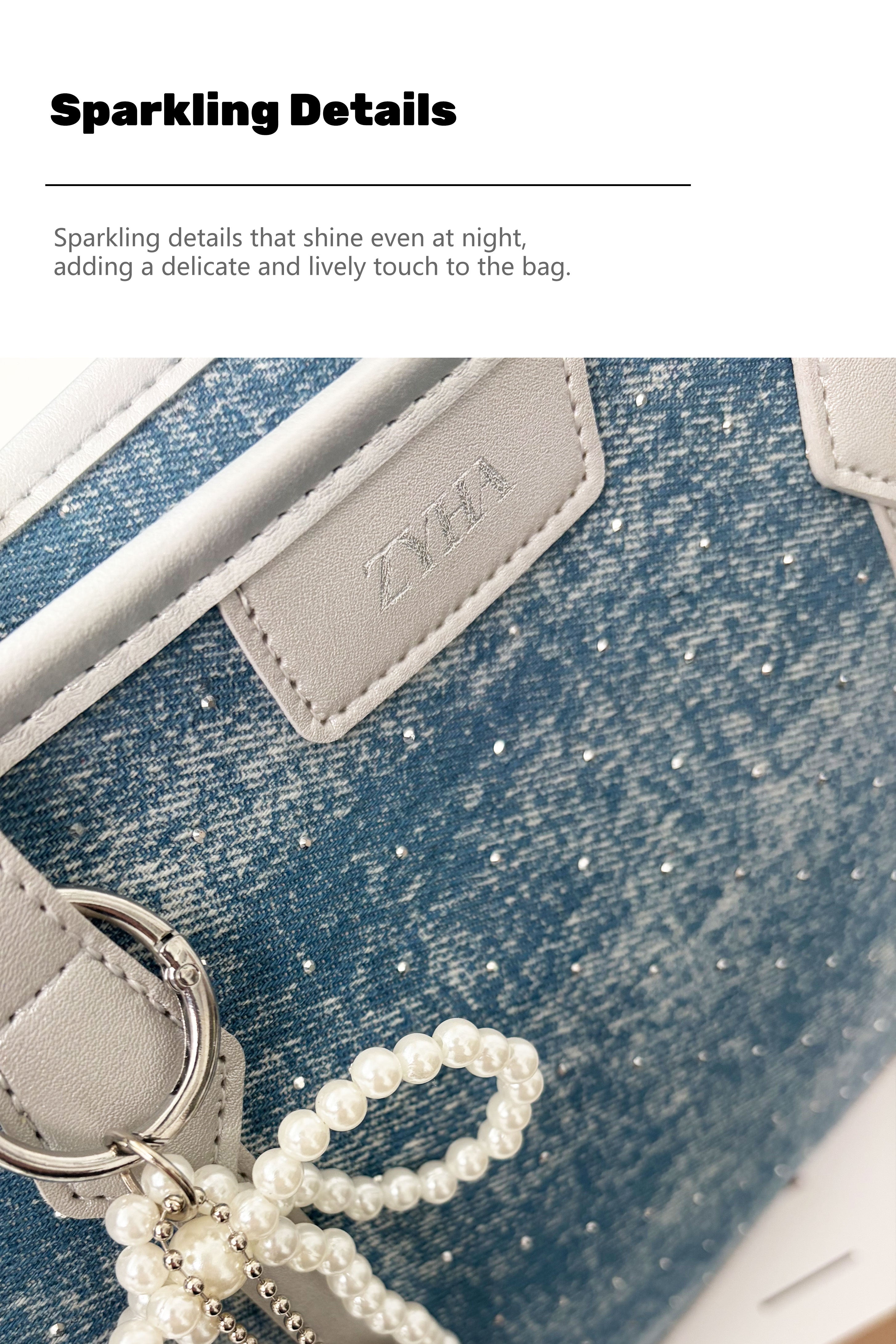 175 - ZYHA Denim Korean Style Tote Bag with Pearl Keychain