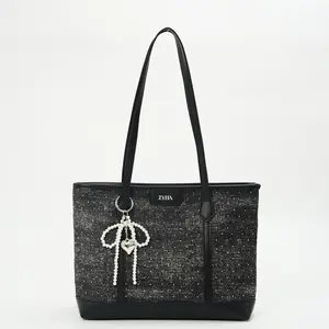 175 - ZYHA Denim Korean Style Tote Bag with Pearl Keychain