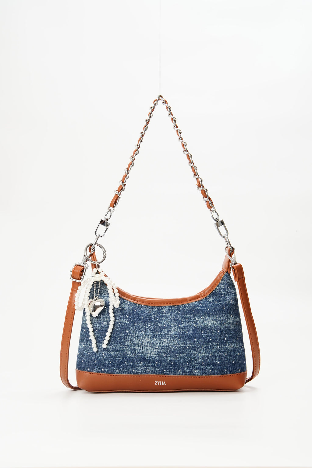 180 - ZYHA Denim Cute Korean Style Handbag with Pearl Keychain