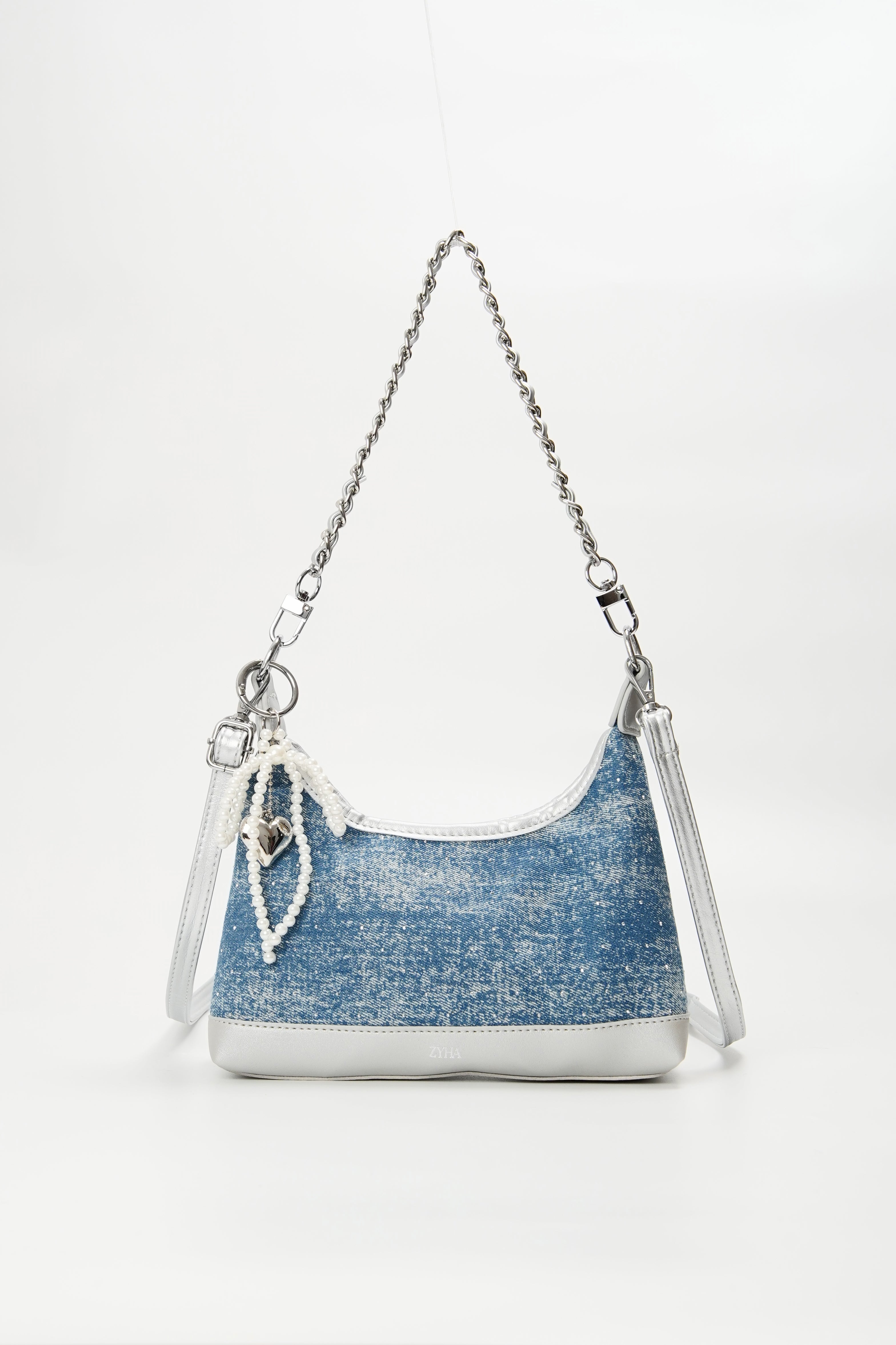 180 - ZYHA Denim Cute Korean Style Handbag with Pearl Keychain
