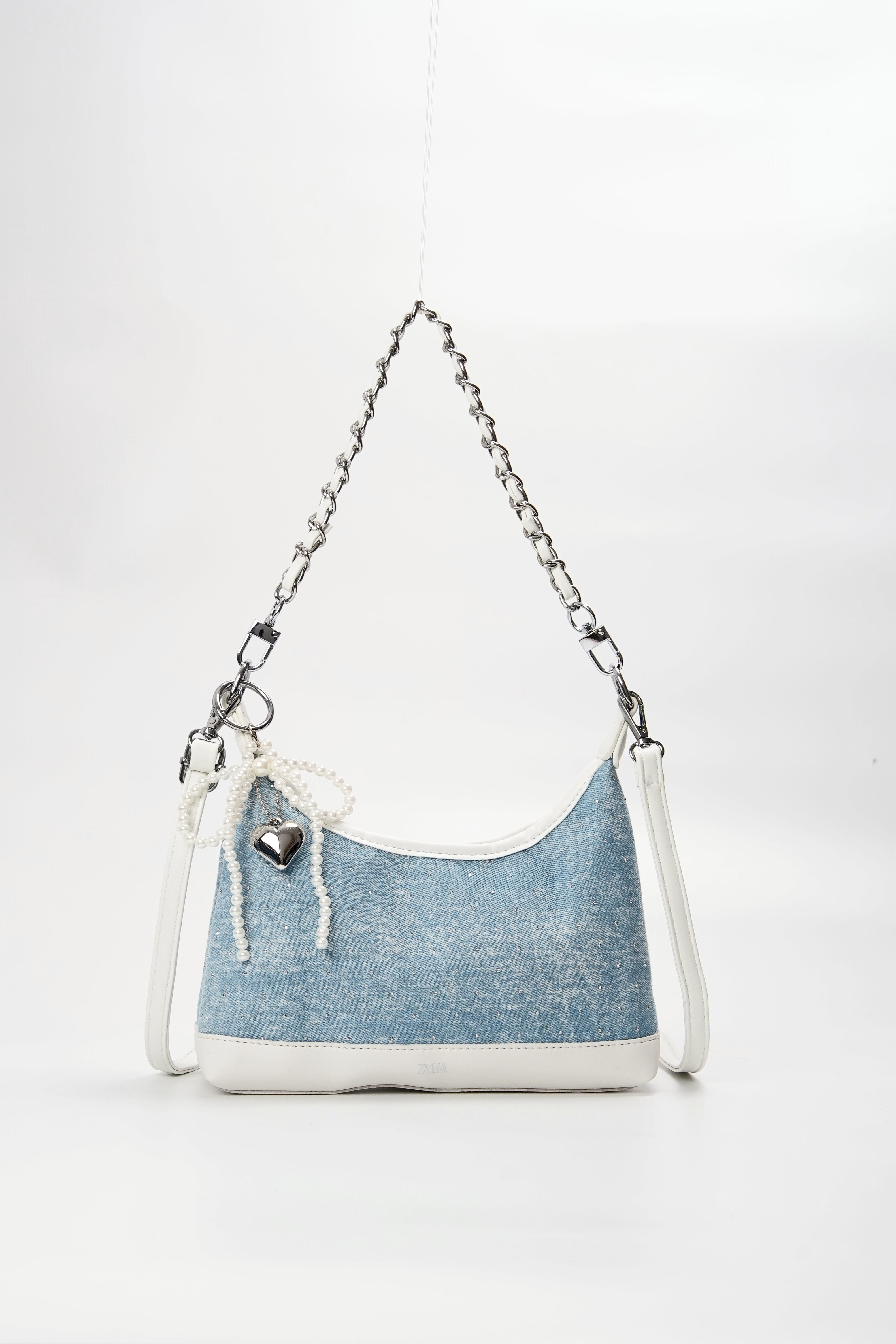 180 - ZYHA Denim Cute Korean Style Handbag with Pearl Keychain