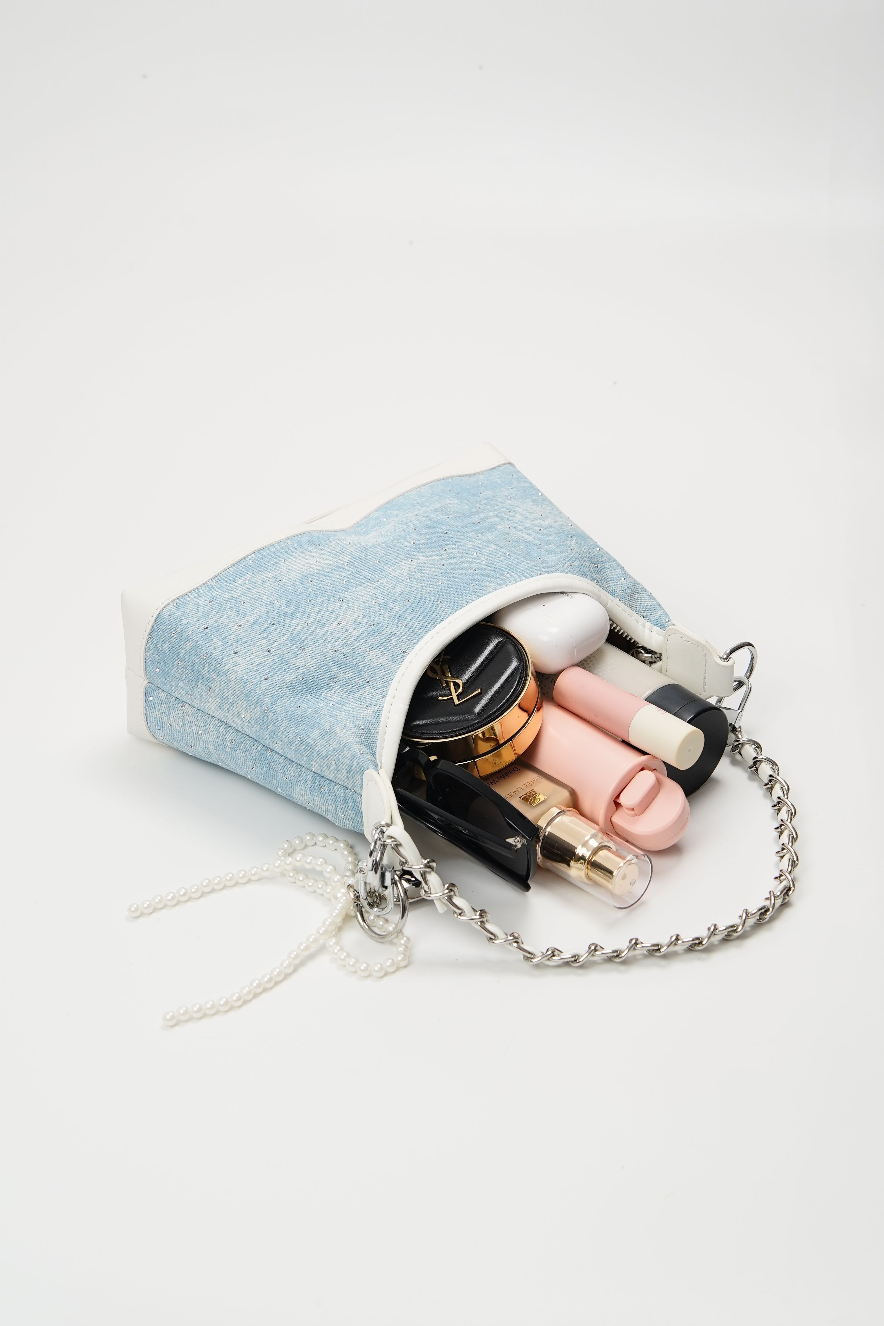 180 - ZYHA Denim Cute Korean Style Handbag with Pearl Keychain